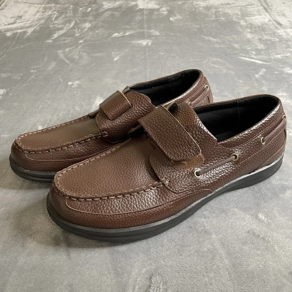 Apex A2100M Mens‎ Comfort Boat Shoe US 15 Med Brown Leather Hook & Loop Diabetic
